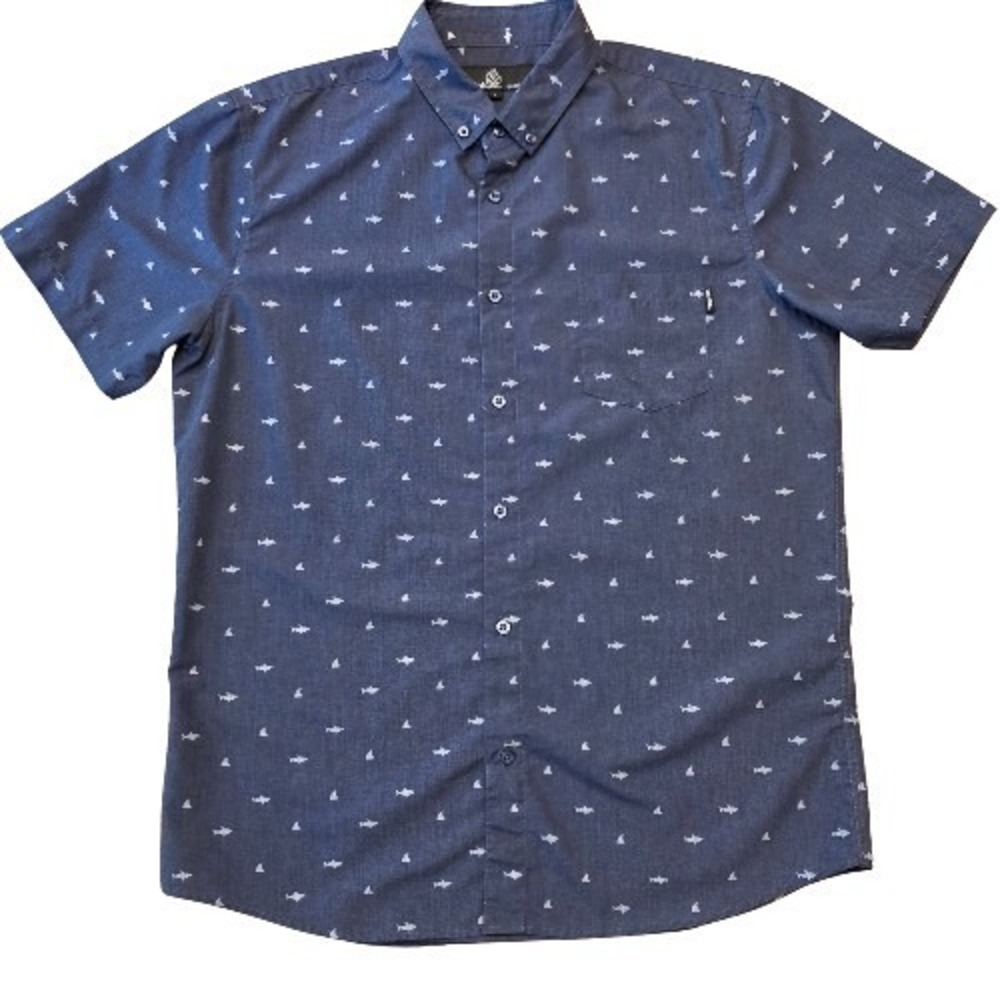 Molokai Surf L Shark Pattern Mens Short Sleeve Navy Button Down Coastal Nautical